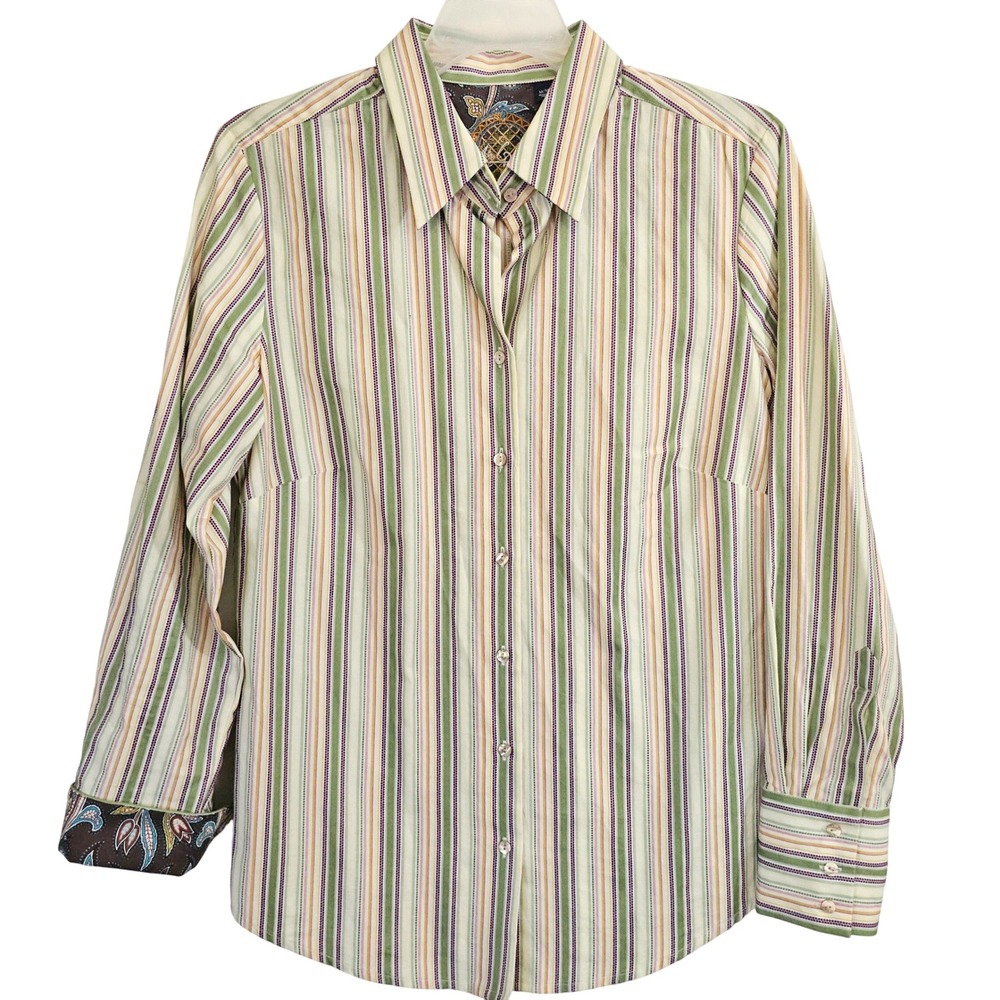 Robert Graham Womens Striped Button Down Long Sleeve Shirt Medium Paisley‎ Cuff